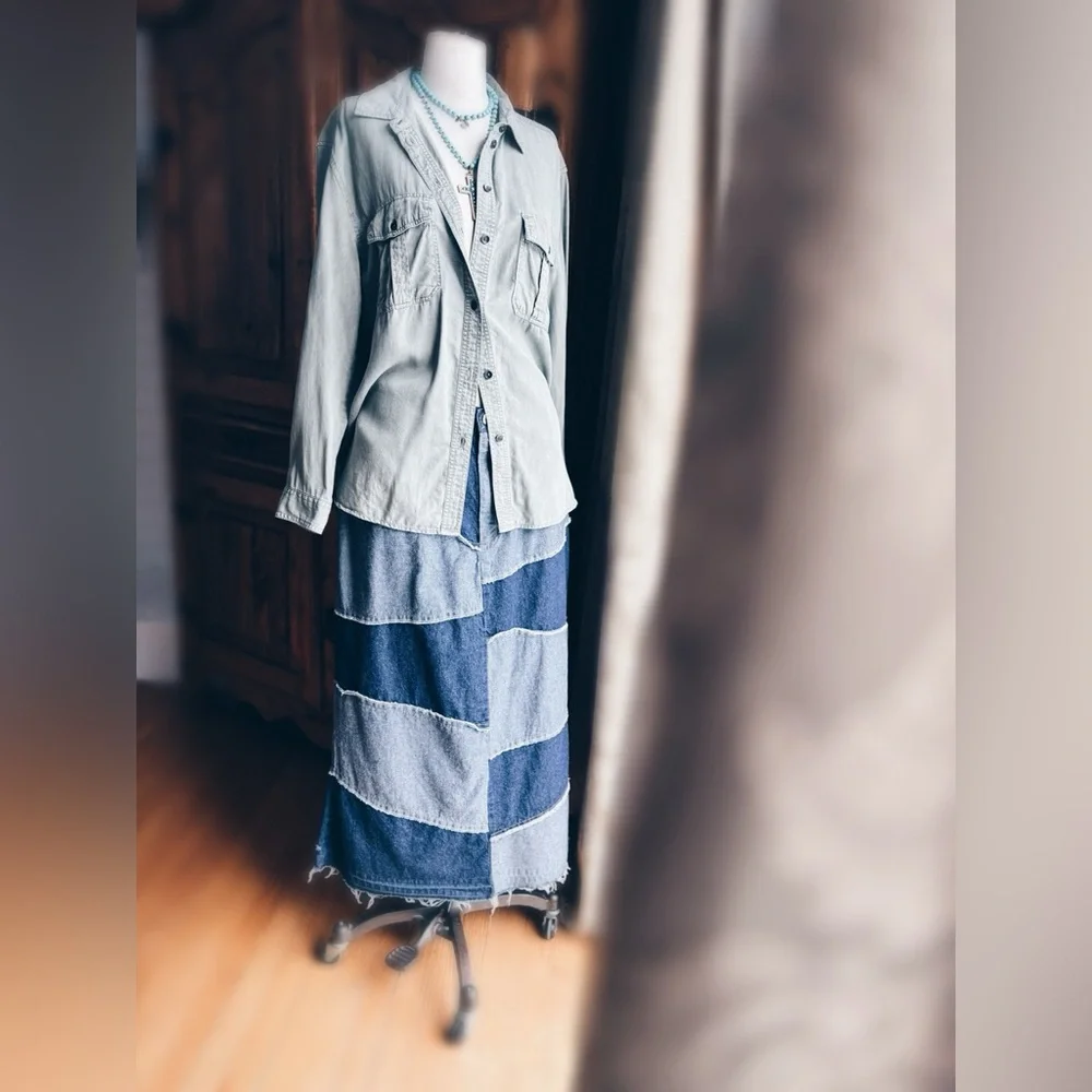 One-of-a-Kind Artisan Patchwork Denim Maxi Skirt
